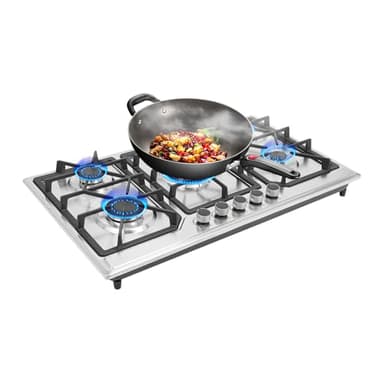 MEELRYD Plaque de cuisson à gaz 5 flammes 86 cm en acier inoxydable avec protection automatique de la flamme, GPL, gaz naturel, convertible, plaques à gaz pour une utilisation dans les cuisines