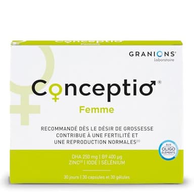 GRANIONS - CONCEPTIO FEMME - Préconception, Grossesse - Contribue à la fertilité et la reproduction - Vitamine B9, DHA, Iode, Zinc, Sélénium - 30 gélules et 30 capsules -1 mois