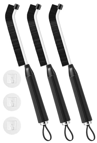 Diboniur Brosse a Joint 3 Pièces, 3 mm Ultra-Mince Brosse Nettoyage Salle de Bain avec Protège-Embout et 3 Crochets, Manche Cylindrique Ergonomique Antidérapant pour Appuis de Fenêtre, Robinets