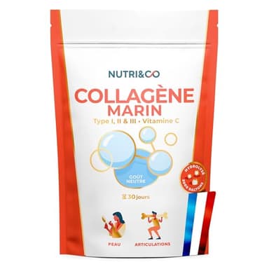 NUTRI & CO Collagene Marin Poudre Types 1, 2, 3 + Vitamine C, Breveté Naticol® & Cartydiss®, Peau Hydratée Soutien Articulaire, Peptides Hydrolysés 2000 DA, 180g Goût Neutre 30jrs, Fabriqué en France