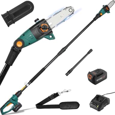Élagueur sur Perche sans Fil, Perches Élagueuses Électrique, avec Tube d'Extension, Batterie Li-Ion 20 V 4 Ah/Chargeur, Longueur de Lame 24 cm, Vitesse de Chaîne 5 m/s, Tête Inclinable, Portée 3 m