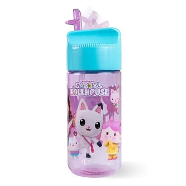 Gabby's Dollhouse gourde avec paille - bouteille pour enfants avec paille rabattable - anti-fuite - compacte et légère 430 ml - pour la garderie, l’école et les déplacements, violet
