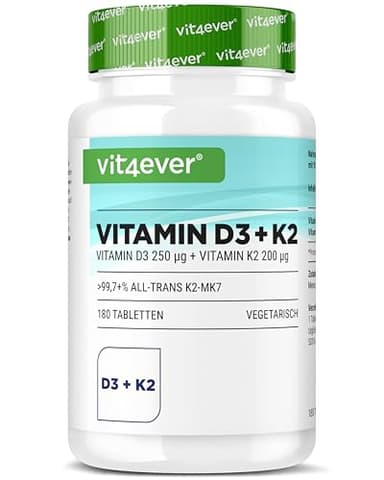 Vitamine D3 10.000 I.E + Vitamine K2 200 mcg Menaquinone MK7 Depot - 180 Comprimés - 99,7+% All-Trans - Végétarien - Hautement dosé