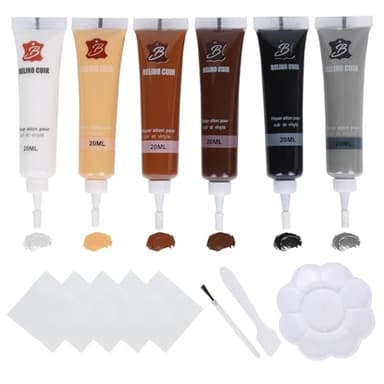 Kit Reparation Cuir 6 Couleurs Teinture pour Cuir Liquide Noir, Blanc, Beige avec Pinceau et Palette Kit Reparation Simili Cuir pour Sièges Auto, Canapés, Meubles et Vestes en Cuir
