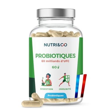 NUTRI & CO Probiotique Flore Intestinale - 60 Milliards UFC/jour - 8 Souches Dont 3 Cliniquement Étudiées - 60 Gélules Gastro-Résistantes aux Enzymes Digestives - Conditionné en France