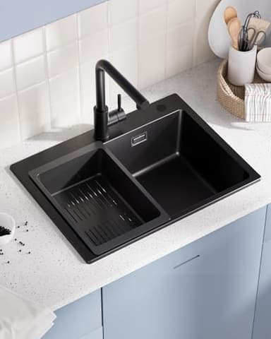 Sofetiy Évier de Cuisine Noir Granit 60x45cm, Évier Noir, Lavabo de Cuisine, Grande Évier de Cuisine en Granit, Évier de Cuisine Moderne Rectangulaire, Évier Simple avec 2 Trous de Robinet, Évier de