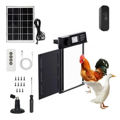 Porte Poulailler Automatique Solaire avec Batterie 5000mAh et Télécommande - en Aluminium - 7 Modes d'ouverture - Etanche IP45 - Sécurisé avec Alarme - Thermomètre/hygromètre connecté Inclus