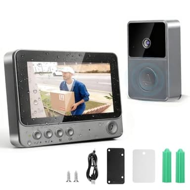 1080p Sonnette Sans Fil avec Camera, IP65 Sonnette Sans fil Exterieur Eetanche avec Écran 4.3", Visiophone Sans Fil Avec Camera Caméra HD Interphone Vision Nocturne Infrarouge Audio Bidirectionnel