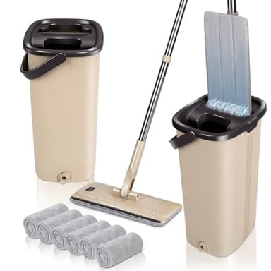 Seau Essoreur, Masthome Balai Serpillère 140cm avec 6 Tampons en Microfibre, Balais Nettoyer Sol Autonettoyante avec Seau Double Compartiment Humide et à Sec, Serpillière pour Nettoyage Types Sols