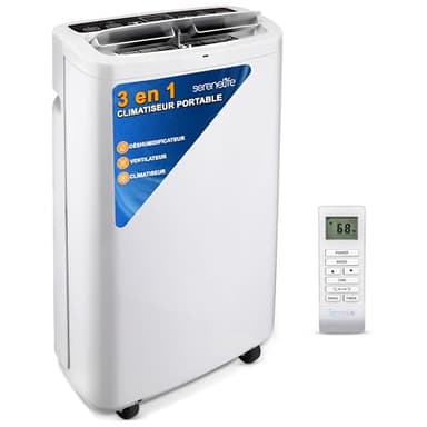 SereneLife Climatiseur Mobile,13K BTU,Climatiseur Portable 3-en-1 avec Fonction Déshumidificateur Intégrée, Mode Ventilateur, Télécommande,Kit d'Évacuation Complet pour Fenêtre, Blanc
