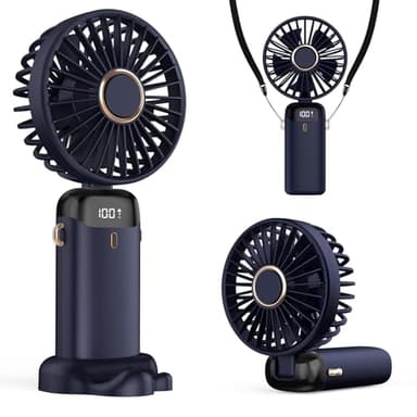 Refluxe Ventilateur Portable 4200mAh USB avec Écran LED 3-en-1 Main/Cou/Bureau Pliable et Inclinable à 90° Idéal pour Été Bureau Chambre Voyage Cadeau Adultes Enfants (Bleu Foncé)