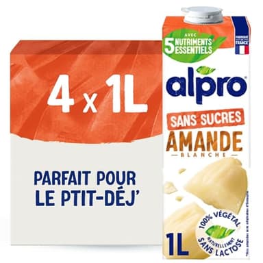 Alpro - Boisson Végétale - Lait d'Amande Non Grillée Sans Sucres - 1L - Lot de 4x1L