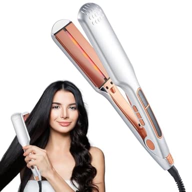 HOVCEH Lisseur Plaque Large, Lisseur Cheveux, Fer a Lisser et Boucler 2 en 1, Plaque Cheveux Professionnel, Plaques Larges, 14 Températures 120-230℃ LCD, Adapté à Tous Cheveux pour les Dames, Blanc