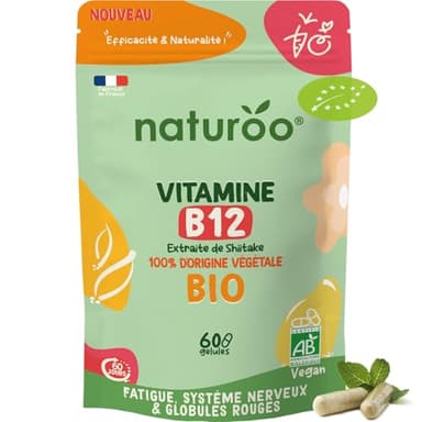Vitamine B12 Bio | 60 gélules (2 mois) | 100% naturelle et végétale | Premium & Vegan | vitamin B 12 à 25 µg (1000% des AJR) | Extraits de Shiitake et fibre d'acacia bio | B-12 pour Hommes et Femmes
