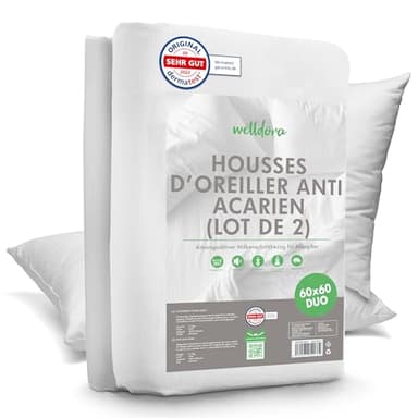 Welldora | 2 Housses d’Oreiller Anti Acarien | Protection de Coussin Testée | Housse Anti Acarien et Punaise de Lit Premium pour Oreiller | Linge de Lit Hypoallergénique (60x60cm)