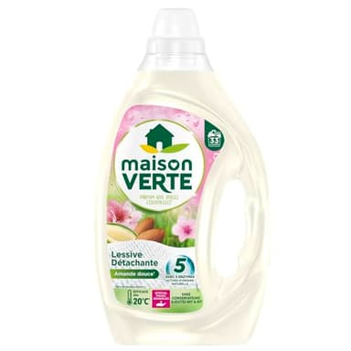 Maison Verte - Lessive Liquide - Parfum aux Huiles Essentielles - Lessive Détachante - Amande Douce - Spécial Peaux Sensibles - Efficace dès 20°C - 5 Enzymes Actives d'Origine Naturelle - 33 Lavages
