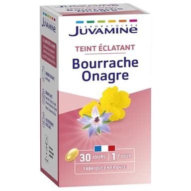 JUVAMINE - Bourrache Onagre - Teint Eclatant - Contribue à Maintenir la Peau en Bonne Santé - 30 Capsules - Programme de 30 Jours - Fabriqué en France