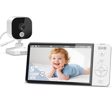 GHB Babyphone Camera 5" 720P HD Camera Bebe Surveillance 5000mAh Écran IPS Zoom 4X Vision Nocturne VOX Capteur de Température Non Rotation à Distance