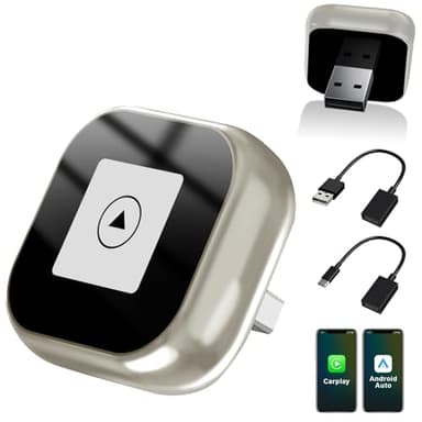 Adaptateur Carplay Et Android Auto sans Fil 2 en 1, Mini Carplay Convertit Le Filaire en sans Fil, Plug & Play, Connexion Automatique, Design Compact pour Iphone Et Android avec CâBle USB/USB-C Doré