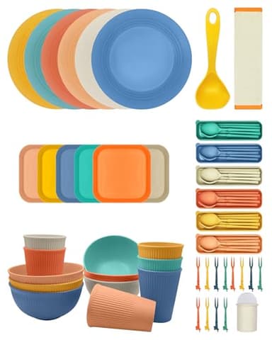 YEEBECA 69 Pièces Vaisselle Camping, Vaisselle Plastique Reutilisable Sans BPA pour 6 Personnes, Set Pique Nique Incluant Planche À Découper Pliable Et Une Louche Anti-goutte.