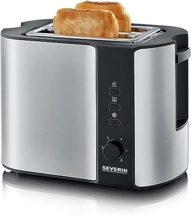 SEVERIN Grille-pain automatique 800 W, Toaster compact 2 fentes jusqu'à 2 tranches, Grille-pain électrique avec réglage du degré de brunissage & fonction décongélation, inox/noir, AT 2589