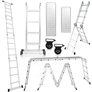 Cecaylie Échelle Multifonction en Aluminium - 470 cm - 7 en 1 - avec Plateforme - avec 2 plaques d'échafaudage - 16 marches - Argenté
