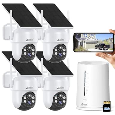 ANRAN 4CH Kit 4MP 360° PTZ Caméra WiFi Exterieure sans Fil, Panneau Solaire Intégré, Vision Nocturne Couleur, Stockage Local 64G, Détection de Mouvement, Sirène d'alarme, Audio Bidirectionnel, IP66
