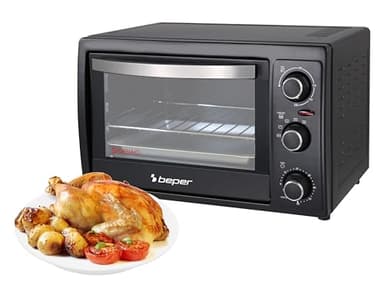 BEPER 90.884 Four Électrique Ventilé, 1300 W, 30 Litres, Double Verre trempé, 4 fonctions de cuisson, Noir
