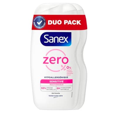 SANEX - Gel douche hypoallergénique Zéro% Sensitive - hydratation pendant 8 heures - testé sous contrôle dermatologique -Lot de 2 X 475 mL