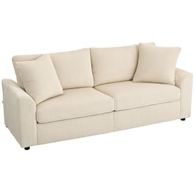 HOMCOM Canapé 3 Place Velours côtelé 212 cm, canapé Moderne avec 2 oreillers Inclus, Coussins à Ressorts, accoudoirs et Dossier rembourrés, Sofa pour Salon, Chambre, Bureau, crème