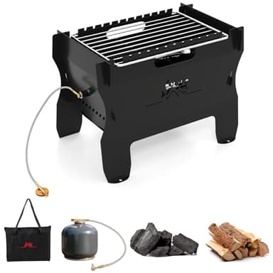 FANTASK Barbecue de table 2 en 1 et barbecue au charbon de bois, petit foyer portable avec grille en acier inoxydable et sac de transport, barbecue à gaz en métal pour pique-nique, camping, barbecue