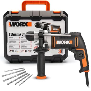 WORX - Perceuse à percussion 800W - WX328 - ⌀13 mm (livrée avec 3 forets HSS, 3 forets pour le béton, 1 jauge de profondeur, mandrin sans clé, vitesse variable, rotation avant et arrière)
