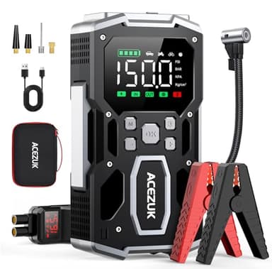ACEZUK Booster Batterie Voiture 6000A, 150PSI Gonfleur Pneus Voiture, 26800mAh Démarreur de Voiture avec Compresseur à Air, 12V Jump Starter pour Véhicule(Tout Gaz ou 10L Diesel), 400 Lumens LED