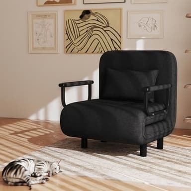 Fabulcozy Chauffeuse Canapé-lit Fauteuil Convertible Grand Confort Coussin Accoudoirs Métal 60L x 68I x 85H cm(Noir)