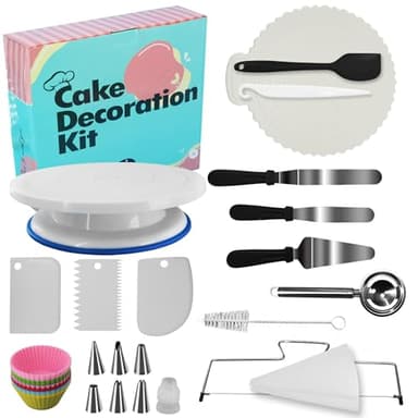 Chumix Kit Patisserie, avec Plateau Tournant Patisserie de 28 cm, Grattoirs à Gâteaux, Spatules, Poches à Douille et Embouts de Tuyauterie, Plateau Tournant Gateau, Accessoire Patisserie