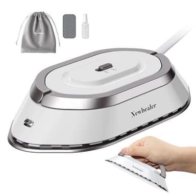 Newbealer Mini Fer à Repasser de Voyage Portable Léger Compact pour Vacances Couture avec Sac de Rangement, Double Tension pour Utilisation Globale, Chauffe Vite sans Vapeur, Blanc
