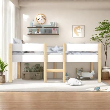Lit cabane Enfants 90x190 Lit superposé Enfant lit Double lit Simple avec Protection Anti Chute en Bois de pin Massif 90 x 190 cm Blanc et chêne