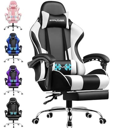 GTPLAYER Chaise Gaming, Fauteuil Gamer avec Massage Lombaire, Chaise de Gaming Repose-Pieds Rétractable, Dossier Inclinable à 135°, Siège Confortable en Cuir, Chaise Bureau, Charge 150 kg, Blanc