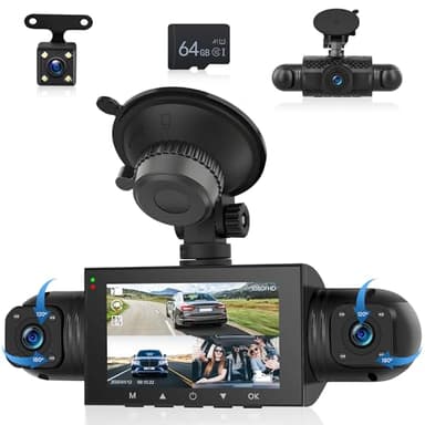 4 Canaux 360° Dashcam Voiture, 4 Caméra 1080P Avant et Arrière Gauche Droite avec Carte 64G, 3" Dash Caméra Vision Nocturne/Vidéo en Boucle/G-Sensor/Moniteur de Stationnement 24H/Aide au Stationnement