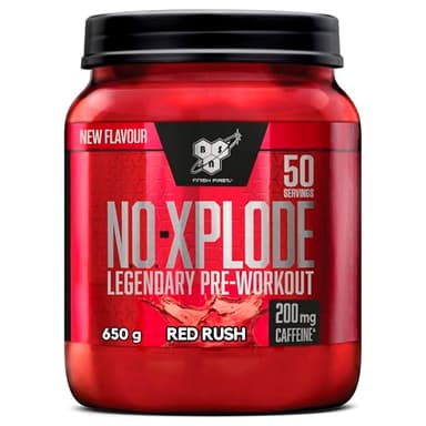 BSN Nutrition N.O.-Xplode Complément alimentaire Pre Workout en poudre, maintient l'énergie et la concentration avec caféine, acides aminés, vitamine C et zinc, goût Red Rush, 50 portions, 650 g