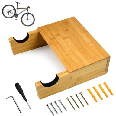 FuxFuis Support Mural en Bois pour Vélo, Porte-Vélos Mural, Crochet Mural Porte Vélo avec 4 Vis à Bois 50 * 7 mm + 4 Vis Murales + 4 Tubes d'Expansion Jaunes + 1 Clé Argentée + 1 Tournevis Cruciforme