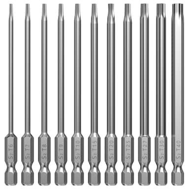 Lixiluxia Lot de 11 embouts Torx longs, 100 mm, extra longs, magnétiques, embouts longs, jeu de tournevis hexagonaux, T6, T7, T8, T9, T10, T15, T20, T25, T27, T30, T40, 1/4" tige hexagonale