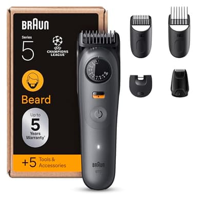 Braun Tondeuse A Barbe Electrique Pour Hommes Series 5 BT5525, Gris, Etanche, Coffret De Rasage Avec +5 Outils De Barbier, Lame Ultra-Affutée, 40 Longueurs Pour Raser Le Visage, Kit Avec 3 Sabots