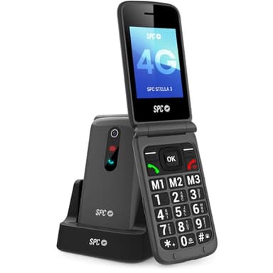 SPC Stella 3 – Téléphone Portable à clapet pour Personnes âgées avec Grandes Touches et 4G | Bouton SOS, Configuration à Distance et Volume 103dB | Base de Recharge et 3 mémoires directes - Noir
