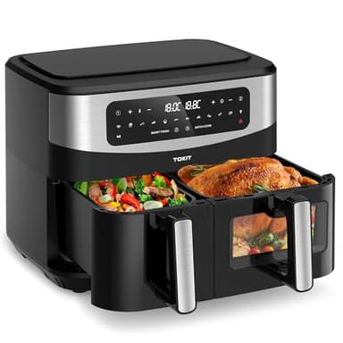 TOKIT Friteuse À Air Double Panier 10 L (4 L X 6 L), XXL Double Zone Air Fryer 12 En 1 Programmes De Cuisson Friteuse sans Huile avec 2 Tiroir Friteuses à Air