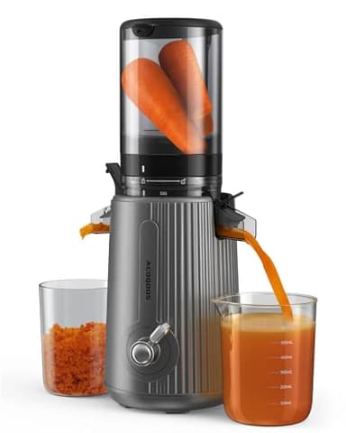 ACOQOOS Extracteur de Jus, Centrifugeuse Extracteur de Jus de Fruits et Légumes avec une Ouverture d'alimentation de 110 mm, Facile à Nettoyer Machine à Jus Lent avec 2 Tasses Gris Argenté