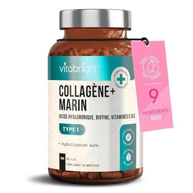 Collagène Marin et Acide Hyaluronique 2450 mg | Peptide de Collagene Marin Gelules + Vitamine C, E, B2, Zinc | Complément Alimentaire Peau, Cheveux, Articulations | VitaBright Collagene Hydrolysé