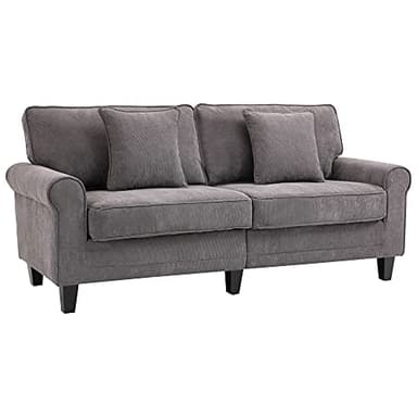 HOMCOM Canapé 3 Places en Tissu Velours côtelé, canapé Salon, 197 cm, avec accoudoirs et Dossier rembourrées, canapé avec 2 oreillers, Pieds en Bois Massif de pin, pour Salon, Chambre, Bureau, Gris