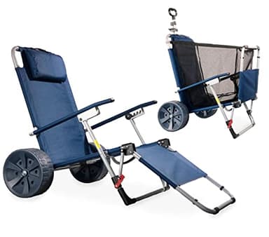 CampAir Accessoire de Plage 2 en 1 - Chariot Pliable Tout Terrain et Chaise Longue - Bleu