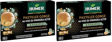 Humer - Pastilles Gorge Cœur Liquide Manuka 15+ - Apaise la gorge en cas de gêne - Formule 100% d'origine naturelle - Miel de Manuka, Guimauve et Huile essentielle d'Eucalyptus - 16 pastilles
